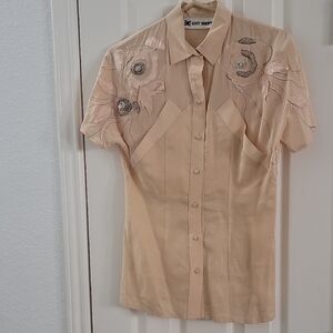 VTG Exit Shop Light Peach Partial Linen Floral Embroidered Button-Up Blouse. XS